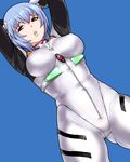  ayanami_rei blue_background blue_hair bodysuit lowres matoyama neon_genesis_evangelion plugsuit red_eyes solo white_bodysuit 