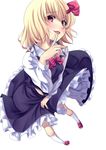  blonde_hair blood blush bow breasts dress fang finger_to_mouth foreshortening hair_ribbon kinntarou looking_at_viewer medium_breasts open_mouth pigeon-toed red_eyes ribbon rumia short_hair simple_background smile socks solo touhou white_legwear 