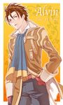  alvin_(tales) belt brown_eyes brown_hair character_name coat copyright_name cravat hand_in_pocket male_focus pants smile solo tales_of_(series) tales_of_xillia tsubakien 