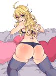  ahoge ass bad_id bad_pixiv_id bent_over bikini black_bikini blonde_hair blush breasts couch cushion green_eyes happy heart hoshii_miki idolmaster idolmaster_(classic) leaning leaning_forward long_hair looking_at_viewer looking_back medium_breasts messy_hair nikiro pillow sideboob skindentation smile solo swimsuit thighhighs 