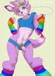  canine clothed clothing dog ear_piercing earring girly hair headphones heterochromia looking_at_viewer male mammal midriff mp3_player multi-colored_hair penis piercing pinup pose rainbow shirt simple_background skimpy solo standing stripes tokifuji top uncut 