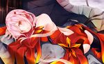  :o ass backless_outfit bare_shoulders black_legwear blush detached_sleeves guilty_crown hair_ornament hairclip hinasaki_you long_hair looking_at_viewer lying on_stomach open_mouth pink_hair red_eyes solo thighhighs wallpaper yuzuriha_inori 