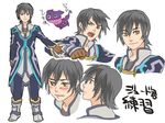  black_hair boots brown_eyes character_name coat creature fuki_no_10 full_body gloves jude_mathis knee_boots male_focus multiple_boys multiple_persona pants smile tales_of_(series) tales_of_xillia teepo_(tales) translation_request 