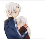  1girl dark_sakura dress fate/stay_night fate/zero fate_(series) haine_(howling) hair_ribbon hug jacket letterboxed matou_kariya matou_sakura ribbon tears time_paradox uncle_and_niece white_hair 