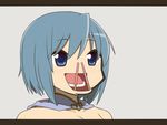  :d bare_shoulders blue_eyes blue_hair cape face food grey_background letterboxed mahou_shoujo_madoka_magica miki_sayaka open_mouth parody pocky portrait short_hair simple_background smile solo ume_(noraneko) up_nose upper_body what 