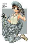  acu_(camo) armor armpits bare_shoulders boots camouflage camouflage_helmet camouflage_pants dog_tags ebifly gloves goggles helmet load_bearing_vest original pants solo tank_top undressing vest 