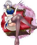  bad_id bad_pixiv_id braid crossed_legs garter_belt hama_(nicononerineri) hamasute izayoi_sakuya knife legs maid maid_headdress red_eyes short_hair silver_hair sitting solo thighhighs touhou twin_braids 