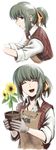  alternate_hairstyle apron closed_eyes flower flower_pot gloves green_hair hetza_(hellshock) highres kazami_yuuka plaid plaid_vest plant ponytail potted_plant red_eyes short_hair sidelocks smile solo sunflower touhou translated vest 