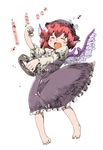  animal_ears barefoot blush blush_stickers child closed_eyes feet happy hat instrument kazuiyun music mystia_lorelei red_hair short_hair singing smile solo tambourine touhou translation_request wings 