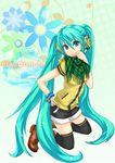  aqua_hair blue_eyes boots bracelet hand_on_hip hatsune_miku headset jewelry kneeling legs lips long_hair plaid plaid_scarf scarf shorts solo thighhighs very_long_hair vocaloid yato 