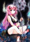  bad_id bad_pixiv_id barefoot breasts chain cleavage cuffs demon_girl fingernails horns large_breasts long_fingernails long_hair mace nail_polish ne-on oni original pink_hair pointy_ears purple_eyes red_nails sitting solo traditional_media watercolor_(medium) weapon 