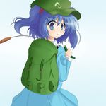  :t aqua_eyes backpack bad_id bad_pixiv_id bag blue_hair cucumber eating hair_bobbles hair_ornament hat highres kawashiro_nitori kounosuke_(embellir) looking_back short_hair solo tail touhou twintails two_side_up 