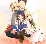  3girls :&lt; :d blonde_hair boots faceless faceless_male fang girl_sandwich hug luna_child multiple_girls niiya open_mouth sandwiched sitting sitting_on_lap sitting_on_person smile star_sapphire sunny_milk touhou 
