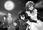  3girls alastor_(shakugan_no_shana) greyscale jewelry maid margery_daw monochrome moon multiple_girls pendant piku pushing satou_keisaku shakugan_no_shana shana wilhelmina_carmel 