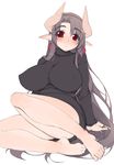  akatsuki_francesca barefoot black_hair blush breasts brown_hair covered_nipples curvy demon_girl earrings feet horns huge_breasts impossible_clothes impossible_shirt jewelry legs long_hair mature mel/a original plump pointy_ears red_eyes shirt solo succubus sweater very_long_hair 