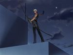  archer bow_(weapon) dark_skin dark_skinned_male fate/hollow_ataraxia fate/stay_night fate_(series) game_cg jpeg_artifacts male_focus night rooftop sleeveless solo spoilers takeuchi_takashi weapon white_hair 