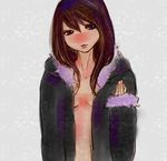  arm_at_side bad_id bad_pixiv_id black_jacket borrowed_garments breasts brown_hair closed_mouth dahlia_(haworthia) durarara!! fur-trimmed_jacket fur-trimmed_sleeves fur_trim grey_background hood hood_down hooded_jacket jacket long_hair long_sleeves naked_coat nude open_clothes open_jacket purple_eyes sleeveless small_breasts solo upper_body yagiri_namie 