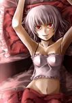  bat_wings bed camisole fang midriff navel no_panties purple_hair red_eyes remilia_scarlet short_hair sinzire slit_pupils smile solo touhou wings 