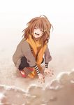  beach brown_hair closed_eyes hair_ornament nagi_kanami nail_polish open_mouth orange_nails orange_scarf original red_footwear sand scarf shoes solo squatting star star_hair_ornament striped water 