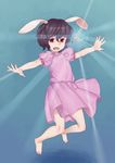  animal_ears barefoot bunny_ears feet glowing hands harmaline highres inaba_tewi jewelry jumping outstretched_arms pendant solo spread_arms touhou 