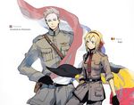  1girl arp0043 axis_powers_hetalia belgium_(hetalia) blonde_hair brother_and_sister flag gloves green_eyes hair_ribbon military military_uniform necktie netherlands_(hetalia) ribbon short_hair siblings sleeves_rolled_up uniform 