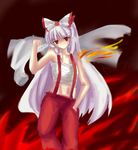  fire fujiwara_no_mokou hair_ribbon hand_in_pocket jacket_over_shoulder navel ribbon sarashi shirt solo topless touhou umakatsuhai white_shirt 