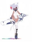  animal_ears cat_ears copyright_request dark_skin flower full_body gloves hair_flower hair_ornament mismatched_legwear red_eyes sanada_taketo short_hair simple_background sleeveless solo standing striped striped_legwear tail thighhighs white_background white_hair wide_hips 