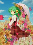  aazsaa ascot bad_id bad_pixiv_id day field flower flower_field green_hair hair_flower hair_ornament kazami_yuuka petals plaid plaid_skirt plaid_vest puffy_sleeves red_eyes short_hair skirt skirt_set sky solo touhou umbrella unmoving_pattern vest 