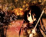  black_hair blush brown cherry_blossoms itou_noiji long_hair petals school_uniform shakugan_no_shana shana solo tree wallpaper 