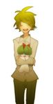  1boy eyes_closed green_hair lowres mitsuru_(pokemon) nintendo pokemon ralts smile 