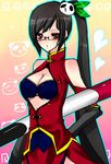  akira_kichi arc_system_works bare_shoulders black_hair blazblue blazblue:_calamity_trigger bra breasts brown_eyes china_dress chinadress chinese_clothes cleavage dress female glasses gradient gradient_background highres lao_jiu lingerie litchi_faye_ling long_hair ponytail solo staff underwear 