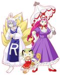  1girl animal_ears artist_request big_hair blue_eyes blue_hair bow cat chen chen_(cosplay) clothes_writing cosplay earrings elbow_gloves fangs fox_tail gen_1_pokemon gloves green_eyes hair_bow hair_slicked_back hands_in_opposite_sleeves hat jewelry kojirou_(pokemon) meowth musashi_(pokemon) parody pink_hair pokemon pokemon_(anime) pokemon_(creature) ribbon smile socks tabi tail team_rocket touhou umbrella whiskers white_gloves yakumo_ran yakumo_ran_(cosplay) yakumo_yukari yakumo_yukari_(cosplay) 