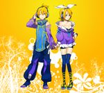  1girl alternate_costume aqua_eyes bare_shoulders blonde_hair blue_legwear breasts brother_and_sister cleavage detached_sleeves hair_ribbon headphones highres holding_hands kagamine_len kagamine_rin kurono_yuu legs medium_breasts one_eye_closed ribbon short_hair siblings smile thighhighs twins vocaloid zettai_ryouiki 