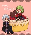  bad_id bad_pixiv_id belt cake chibi food fruit green_hair leviathan_(umineko) multiple_girls necktie pastry red_eyes shirokura silver_hair stakes_of_purgatory strawberry thighhighs umineko_no_naku_koro_ni ushiromiya_kyrie 