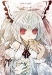  bow detached_sleeves doughnut duca eating food fujiwara_no_mokou hair_bow red_eyes solo touhou white_hair 