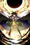  arm_cannon arm_up asymmetrical_clothes black_hair black_sun cape evil_smile floating foreshortening hand_up highres long_hair mikan_(ama_no_hakoniwa) mismatched_footwear pointing red_eyes reiuji_utsuho slit_pupils smile solo sun touhou weapon wings 