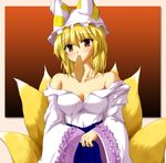  aburaage bare_shoulders blonde_hair blush breasts brown_eyes cleavage food fox_tail hat large_breasts mouth_hold multiple_tails short_hair solo tail touhou yakumo_ran yurusuke 