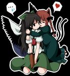  2girls animal_ears arm_cannon black_hair bow braid cape cat_ears cat_tail heart hug hug_from_behind kaenbyou_rin kneeling long_hair multiple_girls multiple_tails red_hair reiuji_utsuho ribbon satoimoya sweatdrop tail tongue touhou weapon wings yuri 