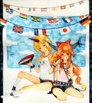  alcohol alternate_costume bad_id bad_pixiv_id blonde_hair bottle brown_eyes chain cuffs cup flag flags_of_all_nations gym_uniform hair_ribbon holding horn horns hoshiguma_yuugi ibuki_suika kneehighs long_hair multiple_girls orange_hair pinkxxxna red_eyes ribbon sakazuki sake sitting sky socks string_of_flags touhou 