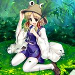  :d bad_id bad_pixiv_id blonde_hair cetera eyes frog hand_on_headwear hat highres leaf_umbrella light_rays moriya_suwako open_mouth short_hair sitting smile solo sunbeam sunlight thighhighs touhou wariza water_drop yellow_eyes 