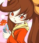  :q :} ashley_(warioware) blush brown_hair chenge-getter gift holding holding_gift long_hair open_mouth red_(warioware) red_eyes smile tongue tongue_out twintails warioware 