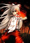  angry bamboo bamboo_forest fire forest fujiwara_no_mokou hair_ribbon long_hair nature red_eyes ribbon robo8 silver_hair solo suspenders touhou twilight wind 