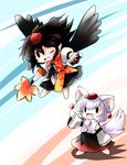  animal_ears armband black_hair black_wings camera chibi detached_sleeves fan fang hat hauchiwa highres inubashiri_momiji multiple_girls one_eye_closed pointy_ears shameimaru_aya silver_hair tail tokin_hat touhou waving wings wolf_ears wolf_tail yume_shokunin 