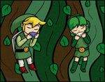  1girl blonde_hair boots closed_eyes green_footwear green_hair instrument kimya leaf link parody saria short_hair style_parody the_legend_of_zelda the_legend_of_zelda:_ocarina_of_time toon_link 