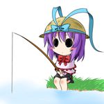  blush blush_stickers chibi fishing fishing_rod hat holding holding_fishing_rod ichimi nagae_iku purple_hair simple_background solid_circle_eyes solo touhou 