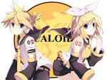  1girl bad_id bad_pixiv_id blonde_hair blue_eyes brother_and_sister hair_ornament hair_ribbon hairclip kagamine_len kagamine_rin kagamine_rin_len_housoukyoku_jingle_(vocaloid) necktie potchi ribbon short_hair siblings smile twins vocaloid yellow_neckwear 