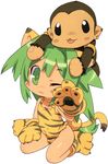  :3 animal_ears animal_print blade_(galaxist) cat_ears cham_cham gloves green_eyes green_hair long_hair monkey one_eye_closed paku_paku paw_gloves paw_shoes paws queen's_gate samurai_spirits shoes snk tail tiger_print 