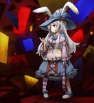  animal_ears bow bunny_ears dress frills hat hirosato irisu_kyouko irisu_shoukougun! long_hair pigeon-toed red_eyes silver_hair solo striped striped_legwear thighhighs witch_hat 