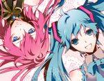  aqua_eyes aqua_hair face hatsune_miku headphones long_hair manyako_(mohumohu) megurine_luka multiple_girls pink_hair smile twintails vocaloid 