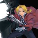  ahoge alphonse_elric armor blonde_hair braid edward_elric full_armor fullmetal_alchemist gloves male_focus namine0079 prosthesis uniform weapon yellow_eyes 